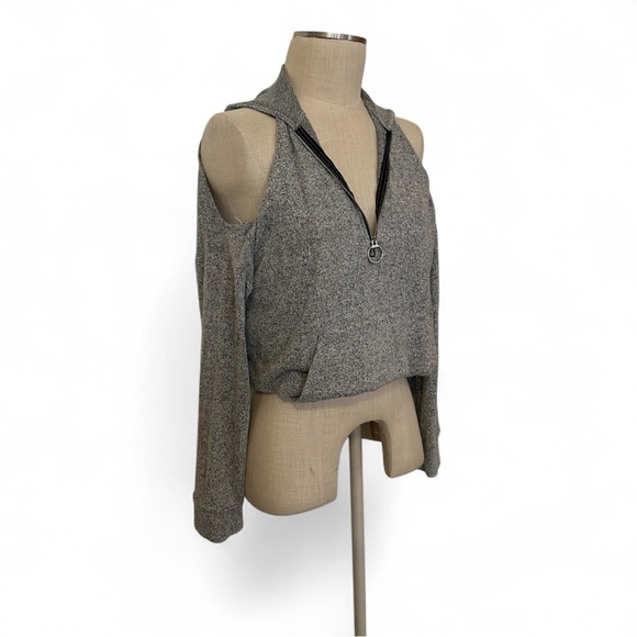 Heather Gray Hacci Off-the-Shoulder Sweater with Zip-Front & Kangaroo Pocket - Picture 7 of 10